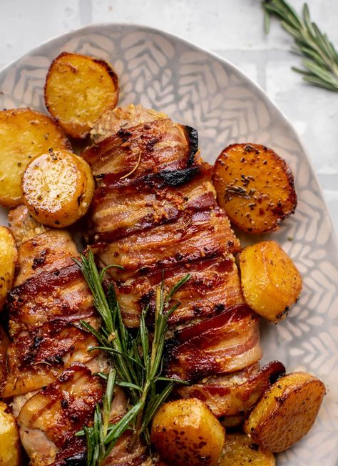 Bacon Wrapped Pork Tenderloin with Garlic and Brown Sugar Rosemary Garlic Butter, Melting Potatoes Recipe, Wrapped Pork Tenderloin, Melting Potatoes, Bacon Wrapped Pork Tenderloin, Brown Sugar Bacon, Bacon Wrapped Pork, Roasted Green Beans, Rosemary Garlic