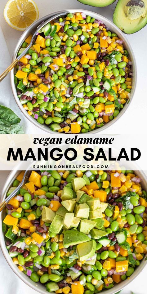 This high-protein edamame mango salad with basil vinaigrette is full of flavour, easy to make, vegan, gluten-free and can be oil-free. Perfect for summer BBQ's and potlucks but delicious year-round too. Fedtforbrændende Mad, Vegan Salad Recipes, Mango Salad, Vegan Salad, Edamame, Healthy Salad Recipes, Vegan Eating, Vegan Dinners, Vegetarian Dishes