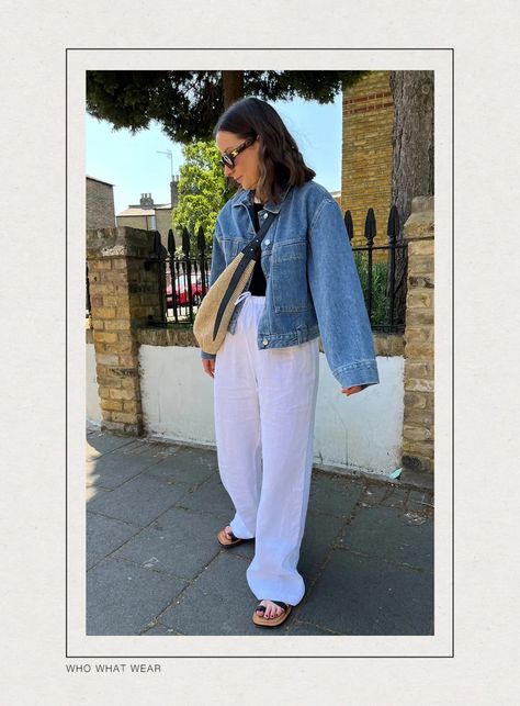 How to Wear Linen Trousers: 5 Chic Outfit Ideas | Who What Wear Linen Trousers Outfit, White Linen Trousers, Oversized Linen Shirt, Trousers Outfit, Chic Outfit Ideas, Trouser Outfit, Black Knit Dress, Classic Denim Jacket, Chic Outfit