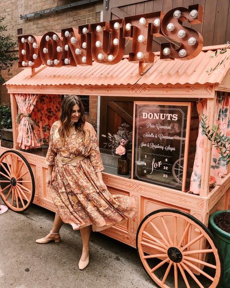 S P E L L | spell_byronbay on Instagram: “When you match the donut cart a little too well 🍩🍩 @melcarrero_ in our Amethyst Boho Dress #perfectlybelted” Donut Cart, Vintage Carts, Boho Food, Party Rentals Business, Burger Stand, Vintage Bakery, Food Truck Business, Food Cart Design, Coffee Truck