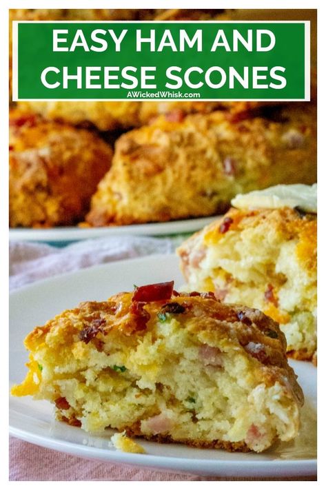 Ham and Cheese Scones are the perfect savory scones you have been looking for! Made with tons of cheddar cheese, crispy bacon, tender ham and chopped chives, these Ham and Cheese Scones are the perfect easy brunch idea any day of the week. | A Wicked Whisk #hamandcheesescones #cheesescones #hamandcheesesconesrecipe #hamandcheesesconescheddarbiscuits #easyhamandcheesescones #savoryscones #savorysconesbreakfast #savorysconescheddar #savorysconesbrunch #savorysconeshamandcheese Brunch Ideas Savory, Brunch Savory, Ham And Cheese Scones, Brunch Scones, Perfect Scones Recipe, Breakfast Scones, Scones Recipe Easy, Easy Ham, Scones Easy