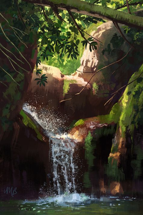 Waterfall Reference, Waterfall Drawing, Waterfall Forest, Sketchbook Challenge, Forest Waterfall, Jungle Art, Fantasy Background, Book Cover Illustration, Location Inspiration