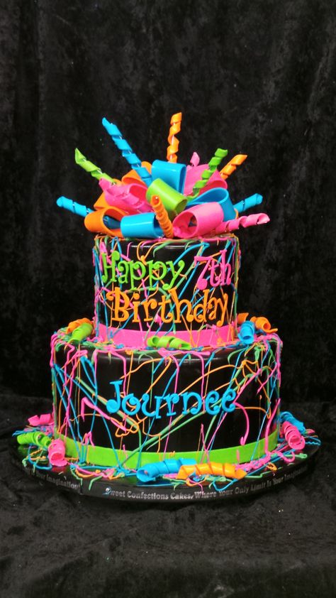 90s Neon Birthday Cake, 80 Theme Cake Ideas, Back To The 80s Cake, 80s 90s Cake Ideas, 80s Birthday Party Theme Cake, 80s B Day Party, Glow Theme Cake, 80s 40th Birthday Cake, 80s Party Cake Ideas