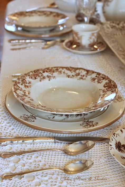 Aiken House & Gardens: Soft Brown & White Transferware Transferware Tablescape, Brown Toile, Happy November, House Gardens, Brown Transferware, China Dishes, Good Week, White China, Soft Brown