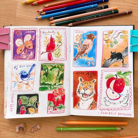 Some vintage stamp doodles from last Wednesday‘s Scribble Brigade livestream with lovely @sophiemcpike 🧡💛❤️ . The slightly unhinged tiger turned out to be my favorite 🐅 (We had 3 minutes for each or these - that’s when the most fun things happen, when you gotta be quick 😉) . Done in colored pencils ✏️ . #coloredpencils #coloredpencilart #illustrationsketch #sketchbooking #vintagestamps Color Pencil Doodles, Hand Poetry, Colored Pencil Doodles, Vintage Doodles, Crayon Doodles, Heart Journaling, Digital Art Journal, Colored Pencil Drawings, Color Pencil Sketch