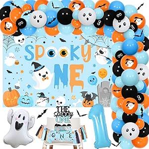 Spooky Ghoul Birthday, Spooky One Backdrop, One Spooky Dude Birthday Decorations, Spooky One First Birthday Balloons, Spooky One Cake, Halloween 1st Birthday Party, The Spooky One, 1st Birthday Halloween Invitations, Halloween Birthday Decorations