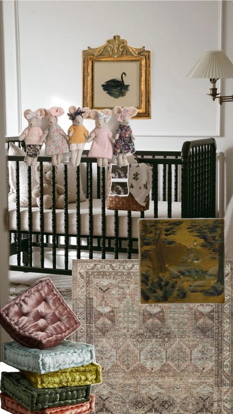 Girls nursery inspo with moody art, jewel toned pillows, antique style crib, neutral rug Jewel Tone Gallery Wall, Jewel Tone Nursery Girl, Jewel Tone Nursery, Anthropologie Nursery, Maximalist Nursery, Twin Girl Nursery, Twin Girls Nursery, Twin Girl, Nursery Girl