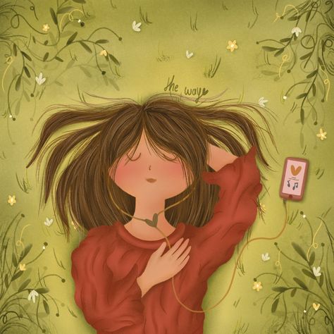 Someone Listening To Music Drawing, Lying On Grass Illustration, Girl Listening To Music Drawing, Listening To Music Drawing, Girly Sketches, Music Sketch, Grass Drawing, Girl Illustrations