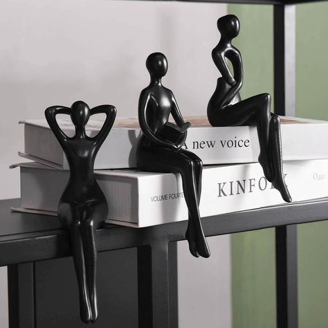 PRICES MAY VARY. Elegant Thinker Statue: This minimalist black thinker statues show three people relaxing, reading and thinking. The actions of thees abstract statues are cute, creating a peaceful mind and an art atmosphere. These sculptures are like little elves quietly accompanying you on your busy days. Textured Sculpture Home Decor: These shelf decor are made of resin which has smooth shape and touch. Great crafts make them more special and smooth than other resin statues. Three of them adop Dark Home Decor Modern, Dark Neutral Home Decor, Black Coffee Table Decor, Office Decor On A Budget, Shelf Figurine, Textured Sculpture, Home Decor For Men, Amazon Room Decor, Cool Office Decor