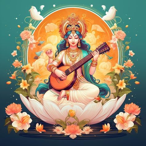 Happy Vasant Panchami, Vasant Panchami, Goddess Saraswati, Musical Instrument, Musical Instruments, Graphic Resources, Lotus, Musical