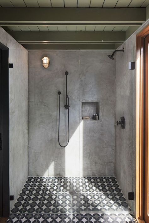 July Moodboard : Concrete & Cement Decor - Room for Tuesday Shower Makeover, Industrial Bathroom Design, Concrete Shower, Cement Tile Floor, Concrete Bathroom, Industrial Bathroom, Bad Inspiration, Bathroom Remodel Shower, Shower Stall