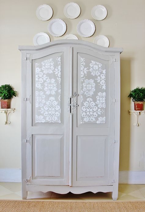 Armoire Decor, Armoire Makeover, Armoire Dresser, Light Colored Furniture, Thistlewood Farms, Wardrobe Designs, Bedroom Armoire, Stencil Furniture, Flipping Furniture