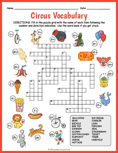 Circus Word Search, Crossword Puzzles For Kids, Kids Crossword Puzzles, Free Printable Crossword Puzzles, Circus Activities, Word Puzzles For Kids, Printable Crossword Puzzles, Picture Clues, Theme Words