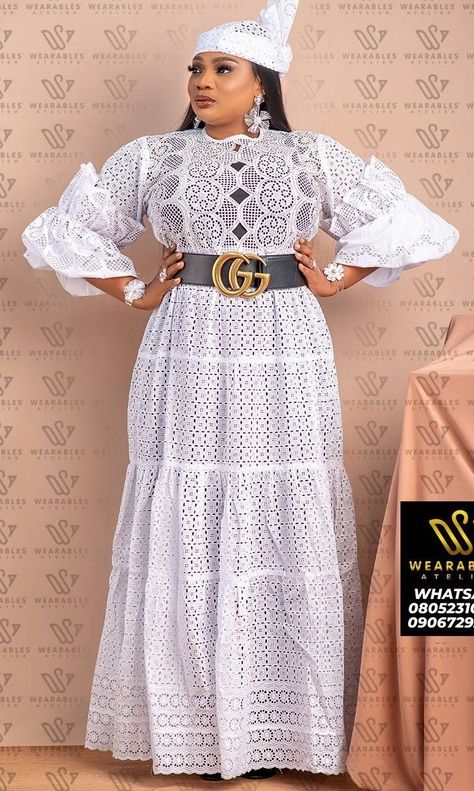 Dry Lace Styles Nigerian, A Shape Gown Lace Aso Ebi, Dry Lace Styles Nigerian Outfit, A Shape Gown, Lace Boubou, Shape Gown, White Lace Outfit, Chic Attitude, Lace Kaftan