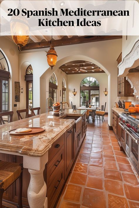 Natural stone countertops imbue your Spanish Mediterranean kitchen with luxurious elegance and enduring beauty. Rustic Spanish Kitchen, Spanish House Interior, Spanish Inspired Kitchen, Spanish Mediterranean Kitchen, Mediterranean Kitchen Ideas, Comfy Room Ideas, Spanish Kitchen Design, Arizona Kitchen, Orange Dining Room