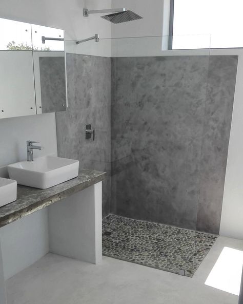 Fresh bathroom interior created with Cemcrete SatinCrete Dolphin Grey on the shower wall and Colour Hardener White floors.  #cemcrete… Cement Flooring, Cement Bathroom, Concrete Shower, Fresh Bathroom, Trendy Bathroom Tiles, Shower Floors, Modern Small Bathrooms, Concrete Bathroom, Nuwara Eliya