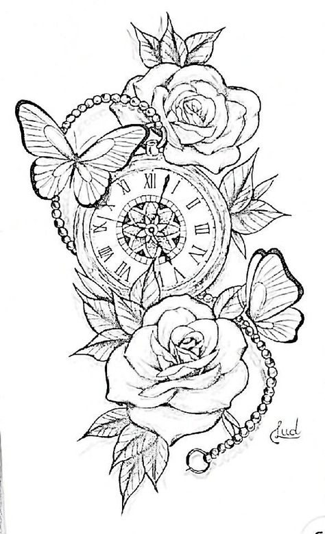 Rose Clock Butterfly Tattoo Design, Daughter Sleeve Tattoos For Mom, Clock Flowers Butterfly Tattoo, Unique Half Sleeve Tattoos For Women Stencil, Rose Clock Butterfly Tattoo, Clock Tattoos For Women Half Sleeves, Butterfly And Clock Tattoo, Tattoo Stencils Rose, Butterfly Clock Tattoo