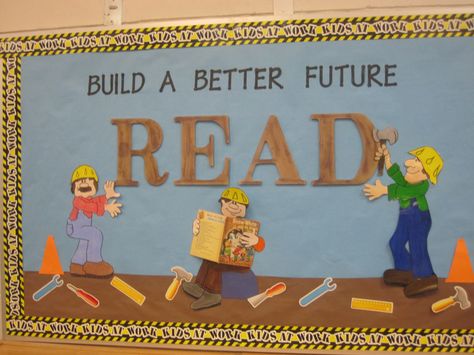 Construction Theme Classroom, Under Construction Theme, School Year Themes, School Wide Themes, Community Helpers Theme, Reading Bulletin Boards, Library Bulletin Boards, Reading Themes, School Displays