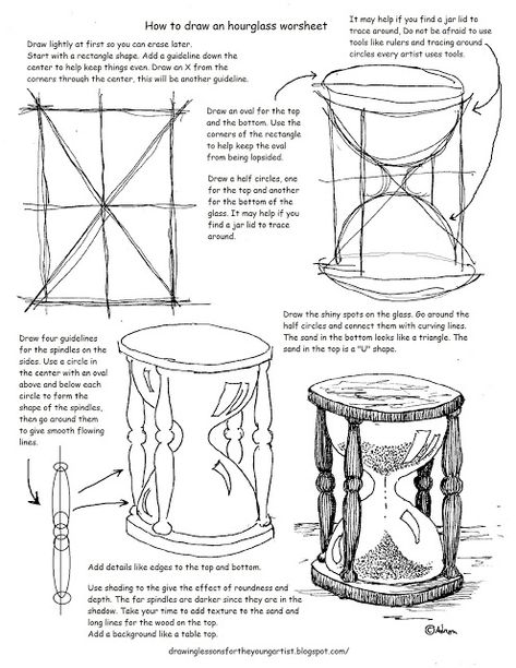 Printable how to draw an hourglass worksheet and lesson Hourglass Drawing, Technical Pencil, Hourglasses, Art Worksheets, Architecture Drawing Art, Basic Drawing, 3d Drawings, Art Instructions, Drawing Lessons