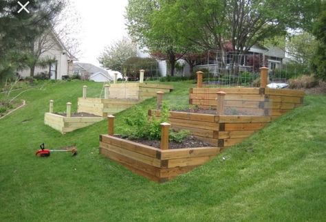 Planters On A Hill, Sloped Yard Garden Beds, Raised Bed Garden On A Hill, Raised Perimeter Garden Beds, Stained Garden Beds, Raised Bed On Slope, Tiered Raised Garden Beds On A Slope, Garden On Sloped Yard, Raised Garden Beds Sloped Yard