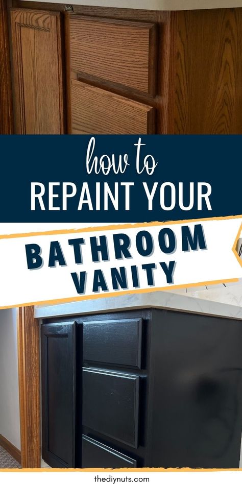 Repaint Bathroom Cabinets, Repaint Bathroom Vanity, Repaint Bathroom, Black And Cream Bathroom, Small Bathroom Redo, Small Half Bathroom, Black Cabinets Bathroom, Small Half Bath, Small Bathroom Paint