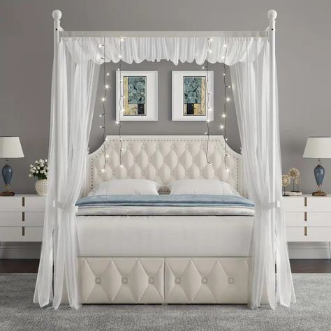 Full/queen/ Bed Frame 2/3 Drawers Button Tufted - Temu Velvet Bed Frame, Canopy Bed Frame, Bed Frame With Drawers, Beige Curtains, Button Tufted Headboard, Fabric Canopy, Velvet Bed, Queen Bed Frame, Metal Platform Bed