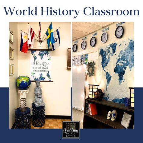 Middle School World History Classroom: Inspiration for a Small Windowless Classroom - Building Book Love Windowless Classroom, Middle School History Classroom, History Teacher Classroom, History Classroom Decorations, High School History Classroom, Teaching Classroom Decor, Classroom Decor Middle, World History Classroom, Middle School Classroom Decor