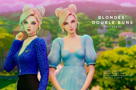 Blondes' Buns - Hairstyle | Daylife Sims on Patreon Bubbles Hairstyle, Daylife Sims, Sims Finds, Blonde Bun, Sims 4 Patreon, Two Buns, Cc Folder, Double Buns, Sims Ideas