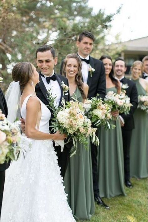 Sage Green Bridesmaid Black Groomsmen, Black Suit Sage Green Dress, Black Suit Green Bridesmaid, Dark Sage Wedding Theme, Eucalyptus Wedding Party Colors, Bridal Party With Green Dresses, Sage Green Wedding Groomsmen Black Suit, Outdoor Wedding Bridal Party, Wedding Party Tuxedo