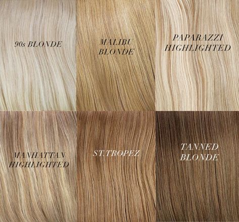 Blonde Hair Color Swatches: 90s Blonde, Malibu Blonde, Paparazzi Blonde, Manhattan Blonde, St. Tropez, Tanned Blonde Blonde Color Chart, Shades Of Blonde Hair Color, Types Of Blondes, Shades Of Blonde Hair, Blonde Hair Color Chart, Hair Color Swatches, Different Shades Of Blonde, Hair Chart, Tan Blonde