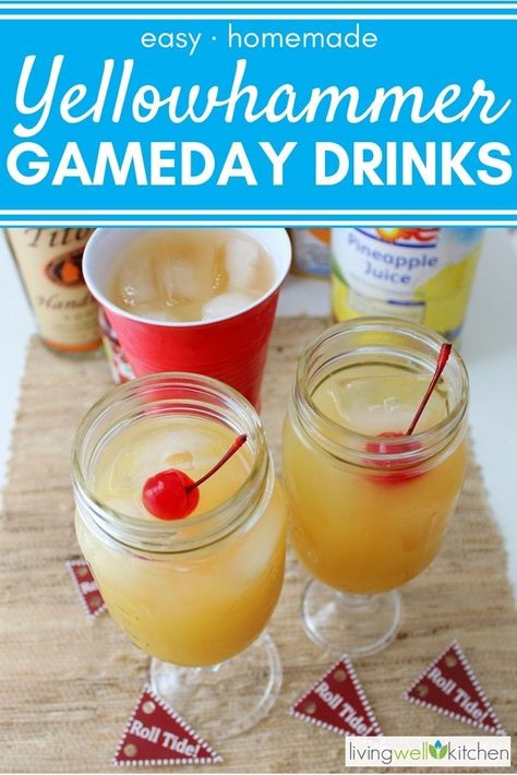 Homemade Yellowhammer recipe is inspired by the popular Yellow Hammer drink from a college bar in Tuscaloosa, Alabama. This fruity alcoholic beverage is sure to wake you up & get your gameday going strong. Great for tailgating or a football watching party. You don't have to be a Crimson Tide fan or say roll tide to enjoy this tasty cocktail! #yellowhammer #yellowhammerdrink #gameday #tailgating #gamedayrecipes #gamedaydrink #footballfood #rolltide #rammerjammer #livingwellkitchen Gameday Drinks, Tailgate Foods, Tailgate Drinks, Gameday Recipes, Fruity Alcohol Drinks, Easy Alcoholic Drinks, Tuscaloosa Alabama, Alcholic Drinks, Pudding Shots