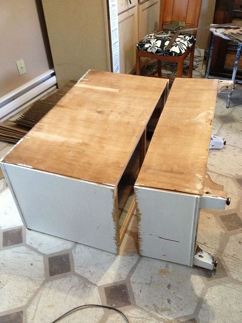 My son needed a vanity for his laundry room. I had a dresser than was too tall, so I cut it in two, added new legs to make it just the right height, then I decorated it up a little with vinyl that I cut with my silhouette. As it turns out it is too wide for the space, so I think it will just be a sideboard. With the left over drawer and legs I added a new top and some foam and fabric to make a bench with storage. Two pieces from one! Patio Furniture Makeover, Furniture Rehab, Old Dressers, Dresser Makeover, Refurbished Furniture, Recycled Furniture, Flipping Furniture, Redo Furniture, Repurposed Furniture