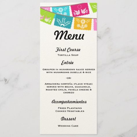 Menu for Wedding or Fiesta Menu For Wedding, Vintage Mexican Wedding, Vintage Menu, Boda Mexicana, Plantains Fried, No Cook Desserts, Tortilla Soup, Mexican Wedding, Wedding Favor Tags