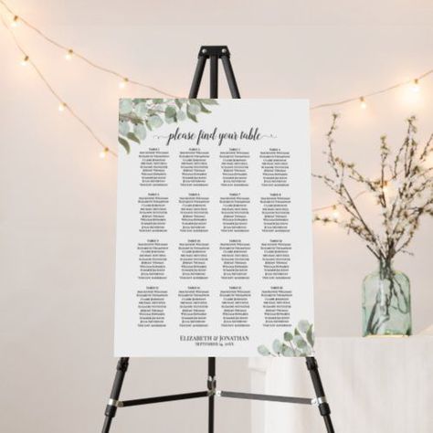 $37.60 | Rustic Eucalyptus 16 Table Wedding Seating Chart #16 table wedding seating chart, 160 names guests or people, 10 seats per table, sophisticated traditional design, hand painted watercolor leaves, eucalyptus foliage and greenery, mint moss and sage green, rustic boho chic style, elegant script calligraphy, backyard garden botanical Guest Seating Chart, Boho Seating, Wedding Table Seating Chart, Rustic Wedding Seating, Wedding Table Seating, Table Seating Chart, Wedding Reception Seating, White Roses Wedding, Foliage Wedding