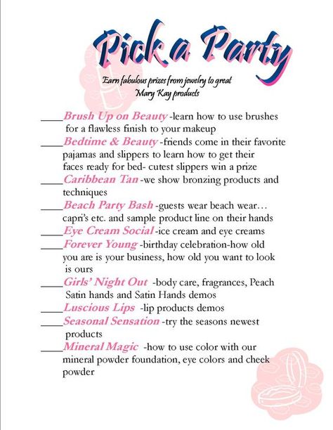 Mary Kay In Home Party, Mary Kay Text Party Script, Mary Kay Party Ideas, Mary Kay Hostess Packet, Mary Kay Party Themes, Mary Kay Flyers, Mary Kay Hostess, Mary Kay Office, Mary Kay Facebook