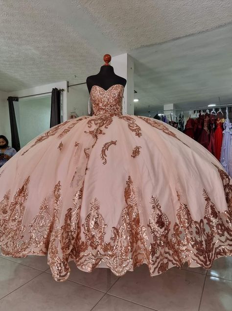 Two Quinceanera Dresses, Rose Gold Quinceanera Dresses Off The Shoulder, Rose Gold Quince Dress With Cape, 15 Rose Gold Dresses, Quinceanera Dresses Big Puffy, Champagne Blush Quinceanera Dresses, Big Quince Dresses, Rose Gold And White Quinceanera Dresses, Rose Gold Quince Dama Dresses