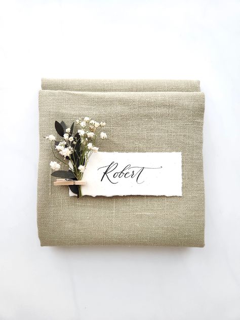 Deckled edge place cards with dried flowers | Rustic wedding decorations | Name cards Rustic Name Place Cards, Rustic Wedding Name Place Cards, Dried Flower Place Cards, Wedding Place Settings Ideas, Wedding Name Place Ideas, Cards With Dried Flowers, Name Card Ideas, Flower Place Cards, Rustic Place Cards