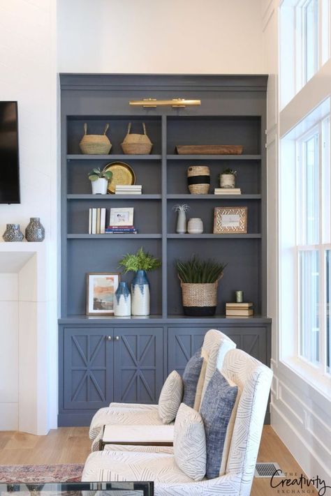 Cabinet Paint Color is Benjamin Moore Trout Gray Trending Paint Colors, Popular Paint Colors, Cabinet Paint Colors, Modern Farmhouse Home, Perfect Paint Color, Decoration Styles, Neutral Paint Colors, Room Renovation, Living Room Storage