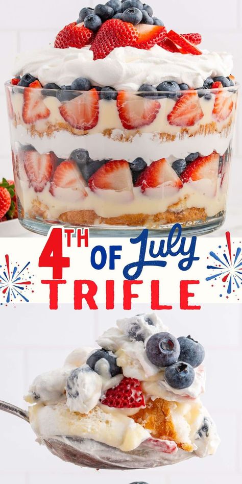 4th of July Trifle Fourth Of July Trifle, Vanilla Trifle, 4th Of July Trifle, Angel Food Trifle, Easy Trifle, 4th July Food, Trifle Dessert Recipes, Cheesecake Trifle, Berry Trifle