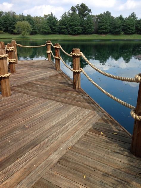 Nautical Landscaping, Rope Fence, Nautical Outdoor Decor, Lake Landscaping, Outdoor Handrail, Boat Docks, Manila Rope, Fishing Dock, Lake Dock