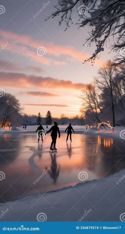 AI generated - A peaceful winter scene featuring ice skaters gliding effortlessly on a frozen pond at sunset. The sky is painted in warm oranges, pinks, and purples, with the stunning colors reflected on the icy surface. Snow-covered trees surround the pond, and soft lights hang from nearby branches, adding a magical ambiance. Winter Skating, Sunset Illustration, Frozen Pond, Abstract Animal Art, Moonlit Sky, Snow Covered Trees, Ice Skaters, Winter Sunset, Leg Sleeve