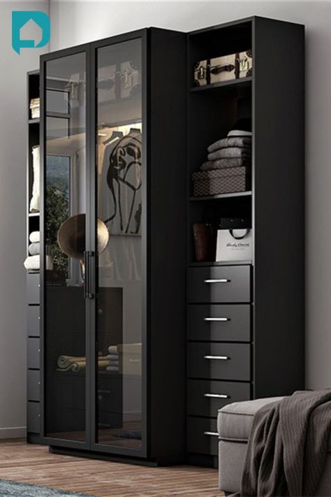 Ikea Black Wardrobe, Black Mirror Wardrobe, Wardrobe Design Indian, Black Wardrobe Design, Black Wardrobe Bedroom, Black Mirrored Wardrobe, White Wardrobe Designs, Small Bedroom Wardrobe, Sliding Wardrobe Design