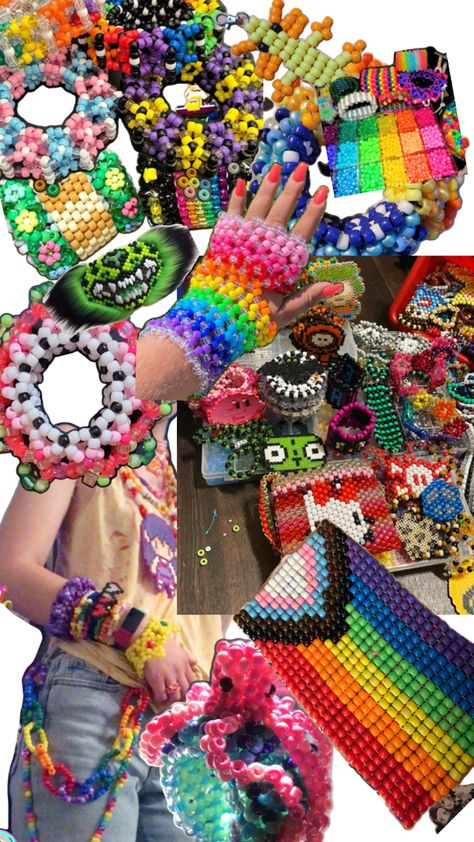 Kandi inspo Scenecore Kandi, Kandi Cuff Ideas, Scene Bracelets, Colorful Beaded Bracelets, Scene Kandi, Raver Outfits, Kandi Cuff Patterns, Kandi Inspo, Diy Kandi Bracelets