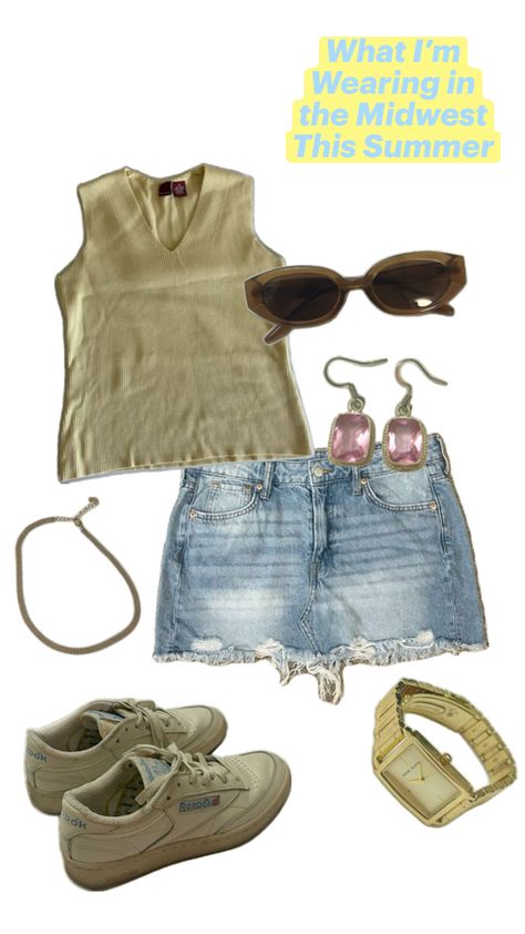 summer travel vacation midwest outfit jean mini skirt yellow sleeveless top Midwest Outfits, Midwest Summer, Outfit Jean, Jean Mini Skirt, Summer Travel, Travel Vacation, Summer Outfit, Mini Skirt, Sleeveless Top