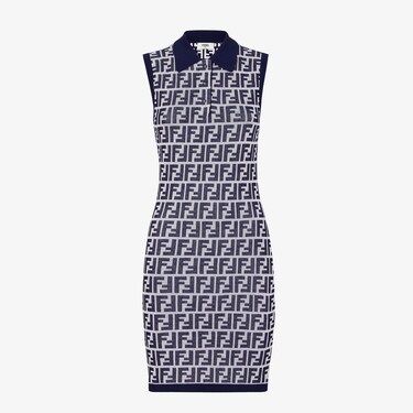 Sleeveless, crew-neck short dress. Fitted. Made of a two-tone cotton jersey with an all-over navy blue and beige FF motif. Matching solid-coloured edges. Made in Italy. Size 38 Fendi Dress, Travel Bags For Women, Dress Fitted, Jumpsuit Jacket, Scarf Poncho, Knitwear Dress, Women Essentials, Jeans Rock, Navy Blue Dresses