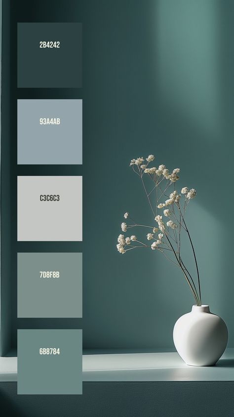 Colors:
2B4242
93A4AB
C3C6C3
7D8F8B
6B8784 Natural Color Pallets, Color Pallets Green, Nature Inspired Color Palette, Japan Color Palette, Color Palettes Aesthetic, Color Pallets Aesthetic, Relaxing Color Palette, Spa Color Palette, Zen Color Palette