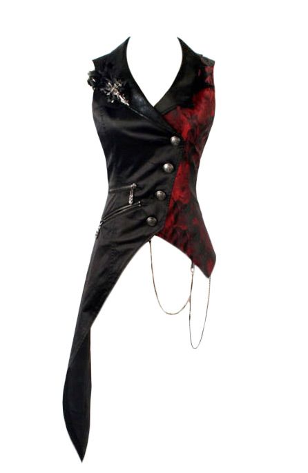 Remis en stock / Back in stock: Sleeveless black and red jacket with different lenght and chain Y-330  Prix: 49.90  #new #nouveau #japanattitude #jackets #coats #vestes #manteaux #gothique #gothic #elegant #aristocrat #visualkei #rock #punk #rave #y330 #punkrave #aris #crat #visual #kei #woman #unisex #man #black #red #cot #n #sp #ex #polyamide #sleeveless #jacket #different #lenght #chain #330 Sleeveless Coat, Red Vest, Punk Rave, Prom Outfits, Fantasy Fashion, Back In Stock, Character Outfits, Visual Kei, Lolita Fashion