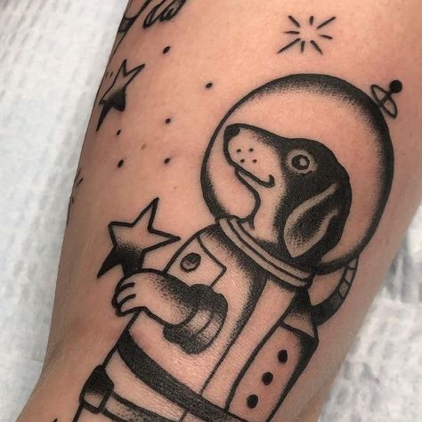 Courtney Kay O'Shea on Instagram: "Doggo-nauts thank you Catelyn!" American Traditional Astronaut Tattoo, Traditional Astronaut Tattoo, Moody Traditional, Astronaut Tattoo, Sleeve Ideas, Space Tattoo, Sleeves Ideas, Tat Ideas, American Traditional