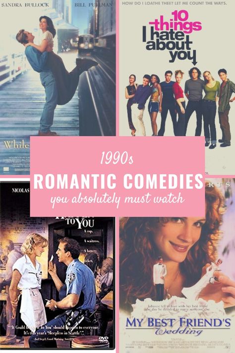 1990s romantic comedies you absolutely must watch. #movies #romantic #entertainment #comedy Old Romance Movies List, Classic Rom Com Movies, Best Rom Com Movies List, 90s Rom Com Movies List, Classic Films To Watch, 2000 Romance Movies, 90s Romantic Movies, Best Romcom Movies List, 80s Romance Movies