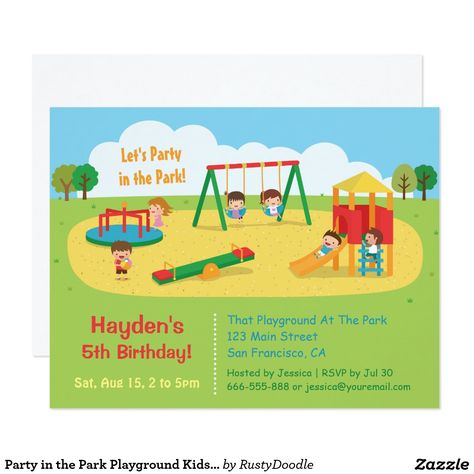 Party in the Park Playground Kids Birthday Card Playground Birthday Party, Party At The Park, Party In The Park, Playground Kids, Birthday Party At Park, 73rd Birthday, Birthday Party Essentials, Kids Birthday Card, Kids Birthday Invitation